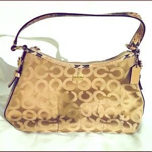 Coach Signature Tan Purse w/ Faux Snakeskin strap